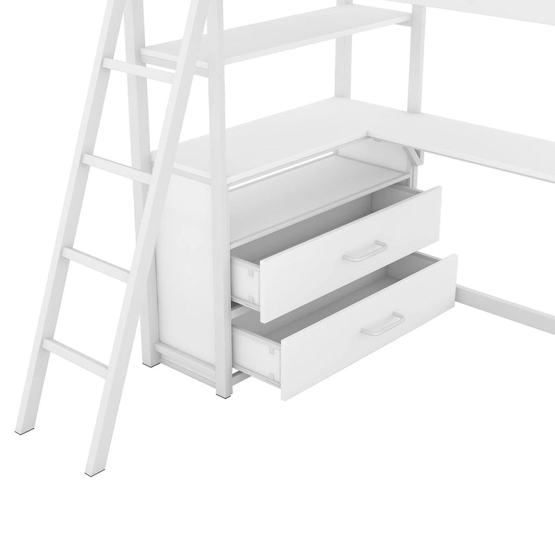 Lit mezzanine blanc double en métal et bois avec bureau et tiroirs