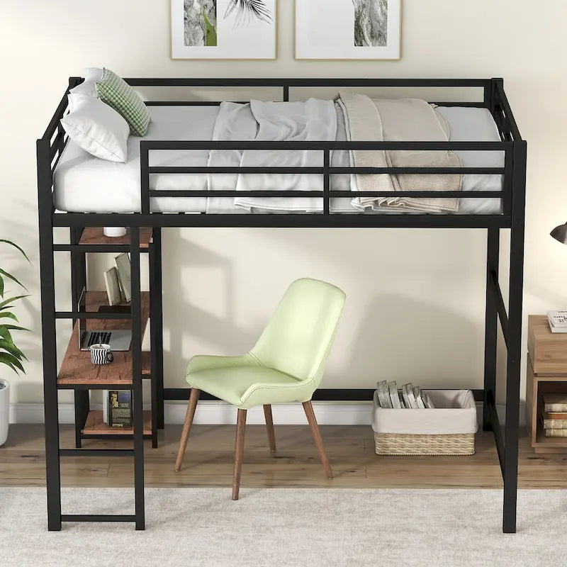 Lit mezzanine en métal avec bureau et étagères de rangement