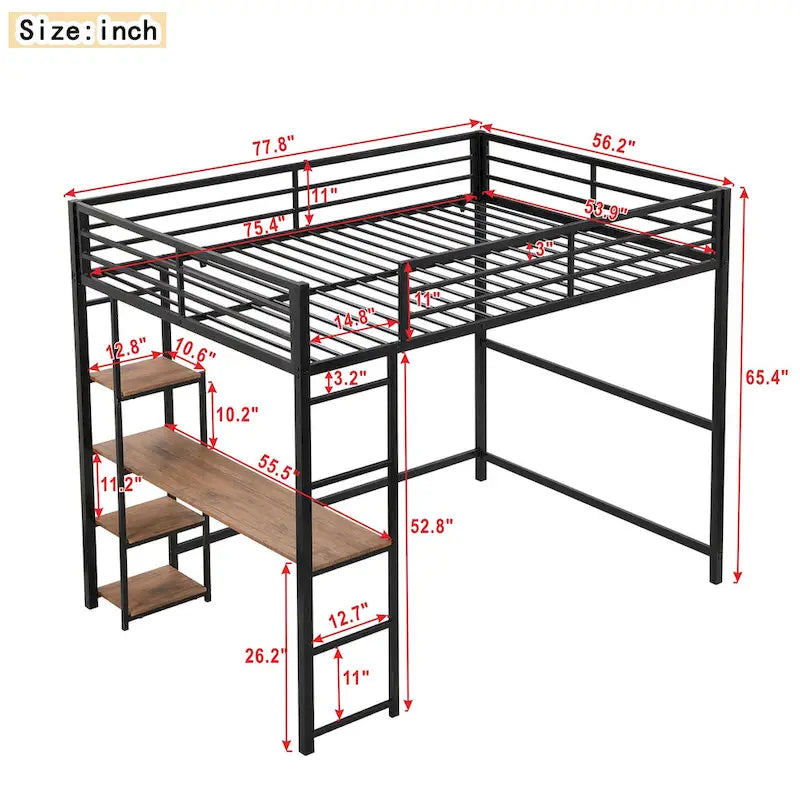 Lit mezzanine en métal avec bureau et étagères de rangement