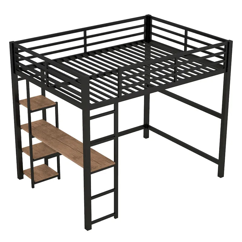 Lit mezzanine en métal avec bureau et étagères de rangement