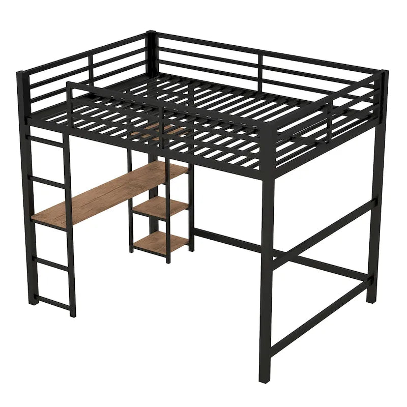 Lit mezzanine en métal avec bureau et étagères de rangement