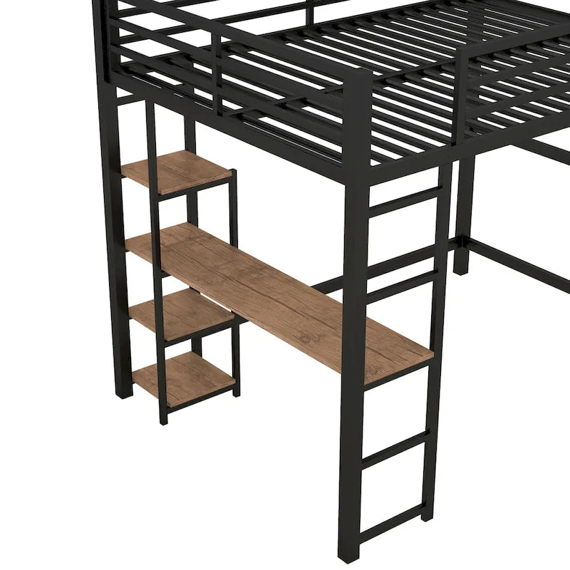 Lit mezzanine en métal avec bureau et étagères de rangement