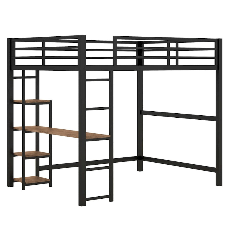 Lit mezzanine en métal avec bureau et étagères de rangement