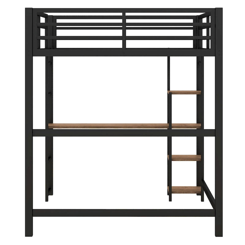 Lit mezzanine en métal avec bureau et étagères de rangement