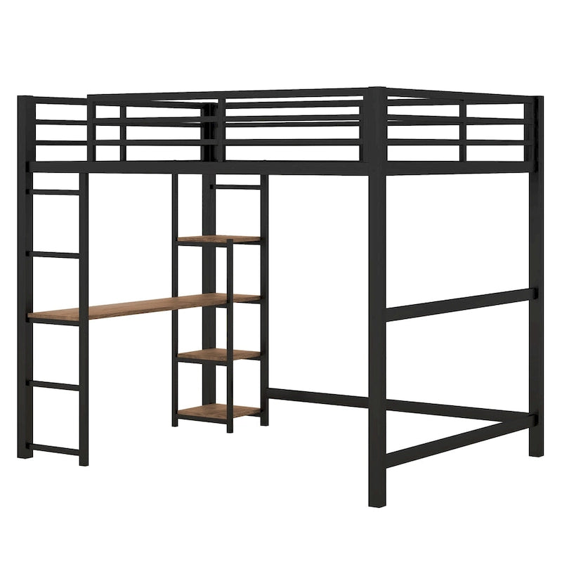 Lit mezzanine en métal avec bureau et étagères de rangement