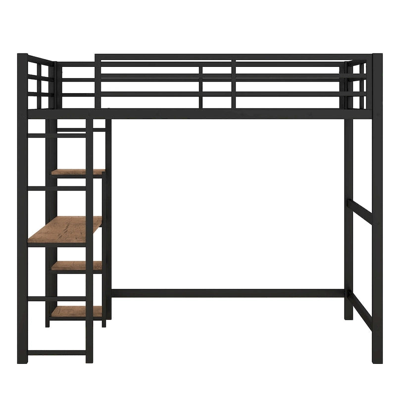 Lit mezzanine en métal avec bureau et étagères de rangement