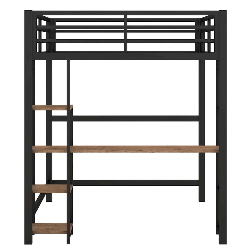 Lit mezzanine en métal avec bureau et étagères de rangement