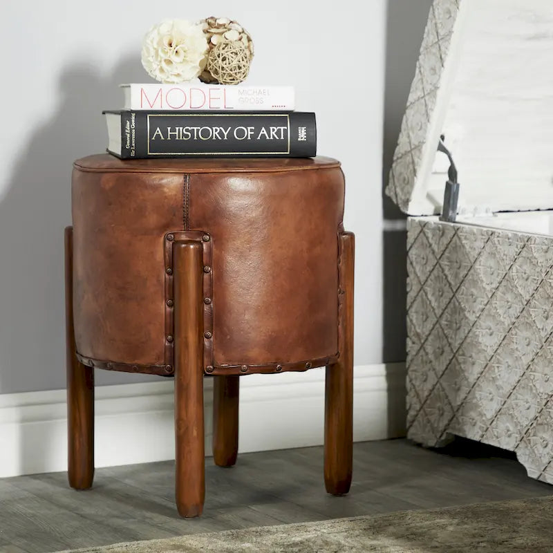 Tabouret rembourré en teck et cuir fait main avec pieds en bois - marron