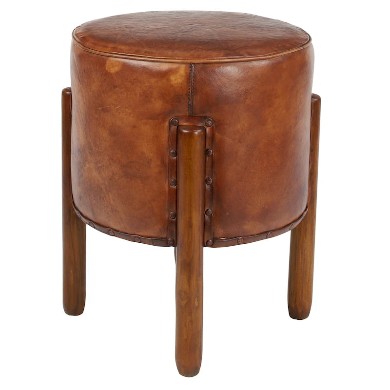 Tabouret rembourré en teck et cuir fait main avec pieds en bois - marron