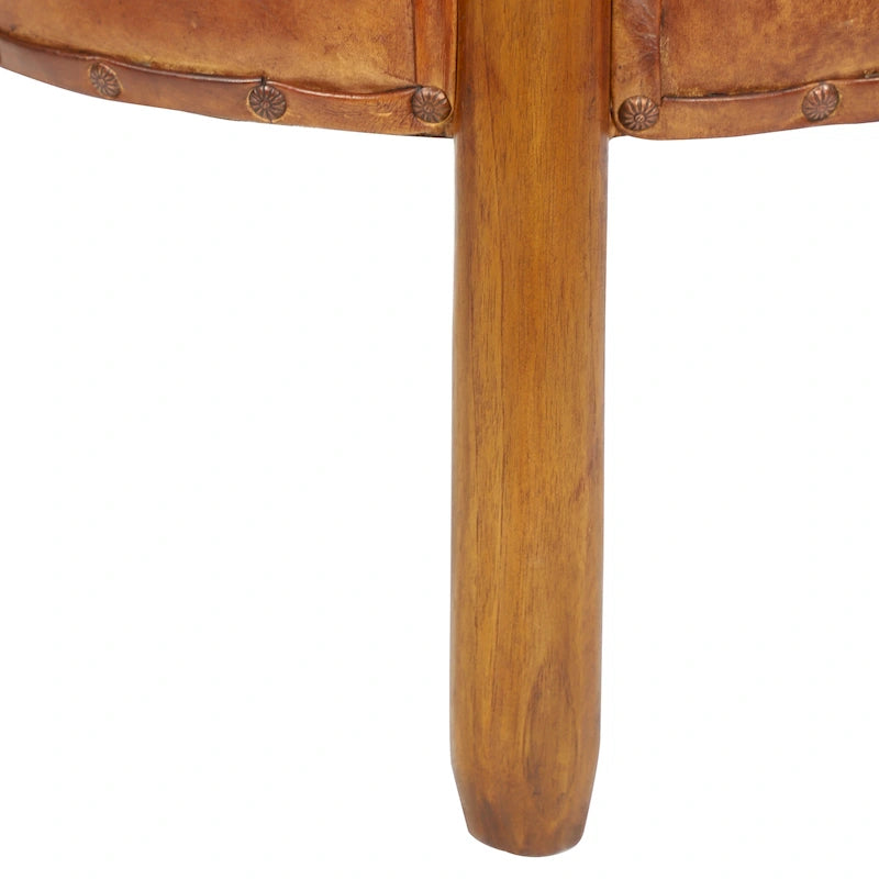 Tabouret rembourré en teck et cuir fait main avec pieds en bois - marron