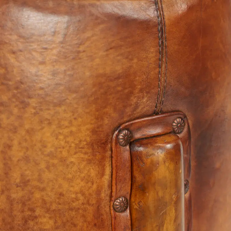 Tabouret rembourré en teck et cuir fait main avec pieds en bois - marron