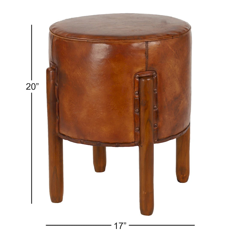 Tabouret rembourré en teck et cuir fait main avec pieds en bois - marron