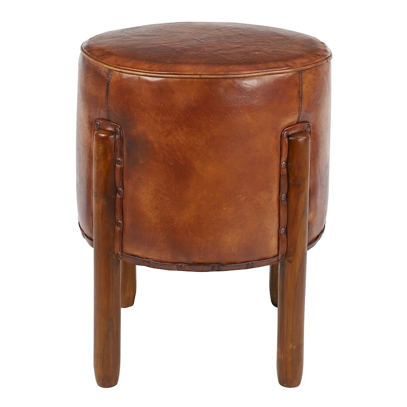 Tabouret rembourré en teck et cuir fait main avec pieds en bois - marron