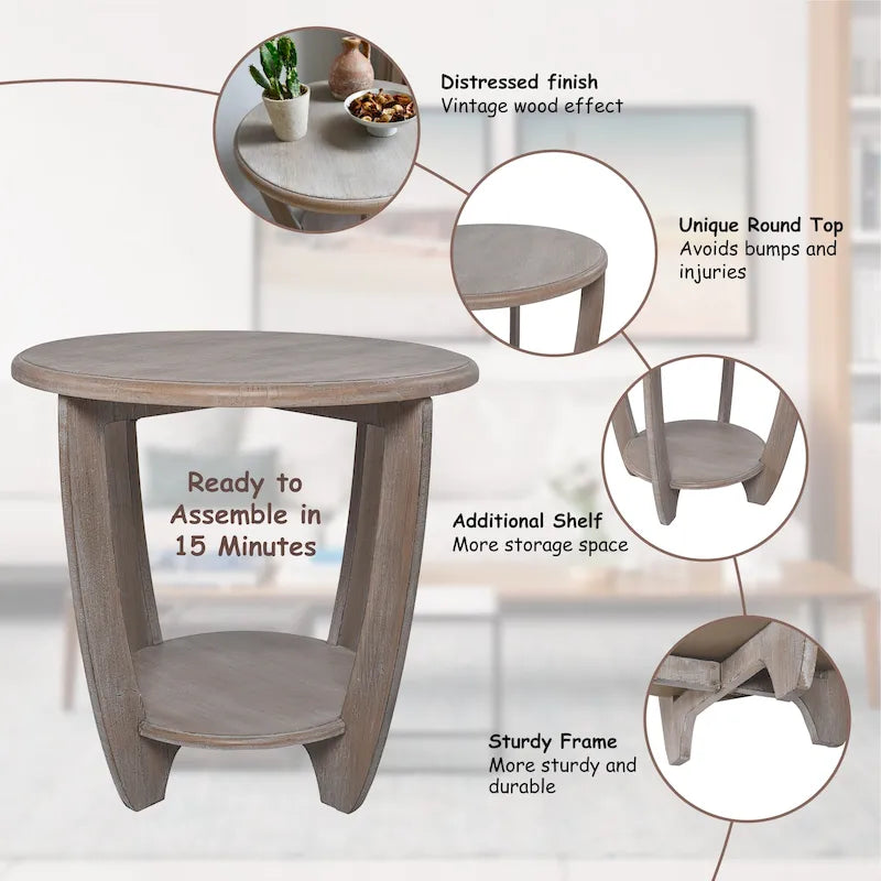 Table d'appoint rustique de ferme avec étagère de rangement