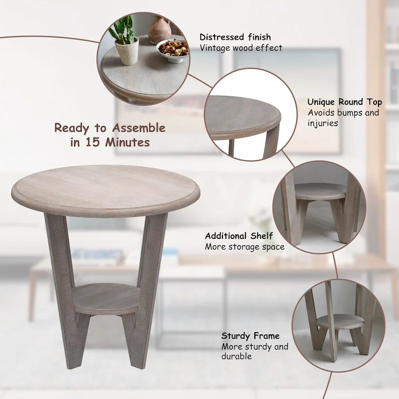 Table d'appoint rustique de ferme avec étagère de rangement