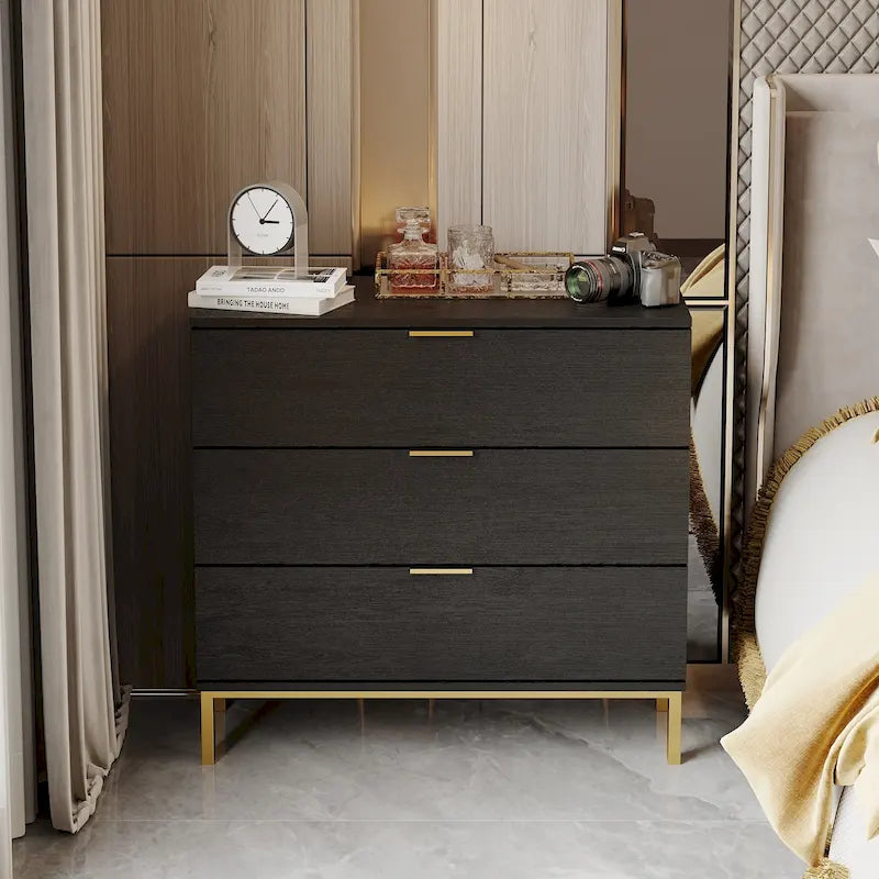 31.5 W x 29.7 H Wooden Nightstand with 3 Drawer End Table Black Chest