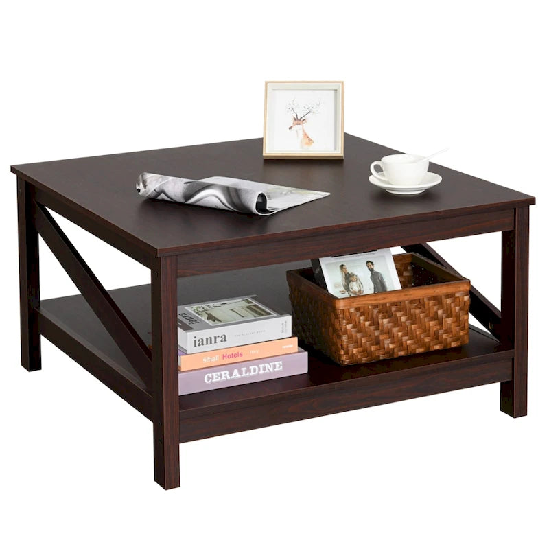 Table basse carrée à double plateau avec étagères, idéale pour le salon