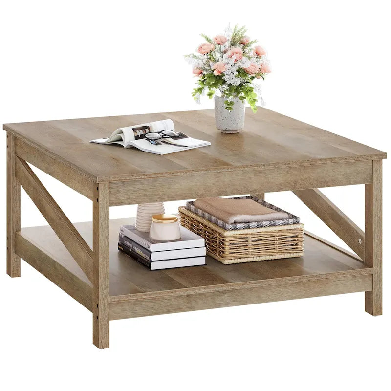 Table basse carrée à double plateau avec étagères, idéale pour le salon