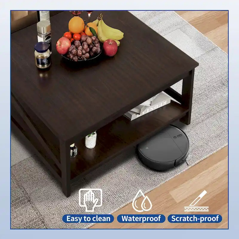 Table basse carrée à double plateau avec étagères, idéale pour le salon