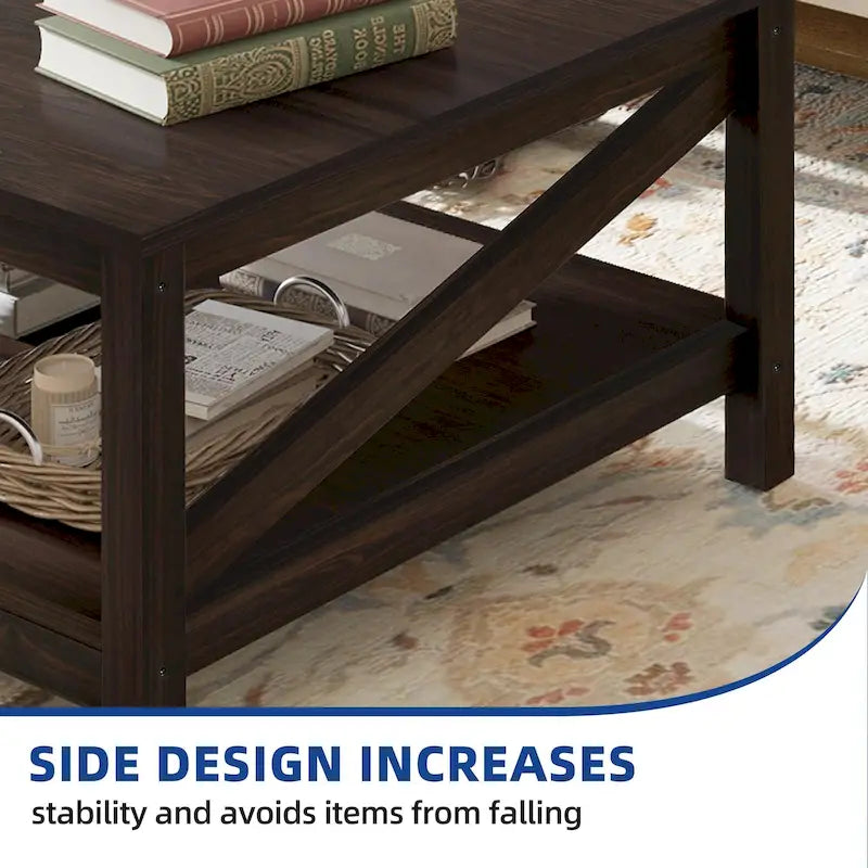 Table basse carrée à double plateau avec étagères, idéale pour le salon