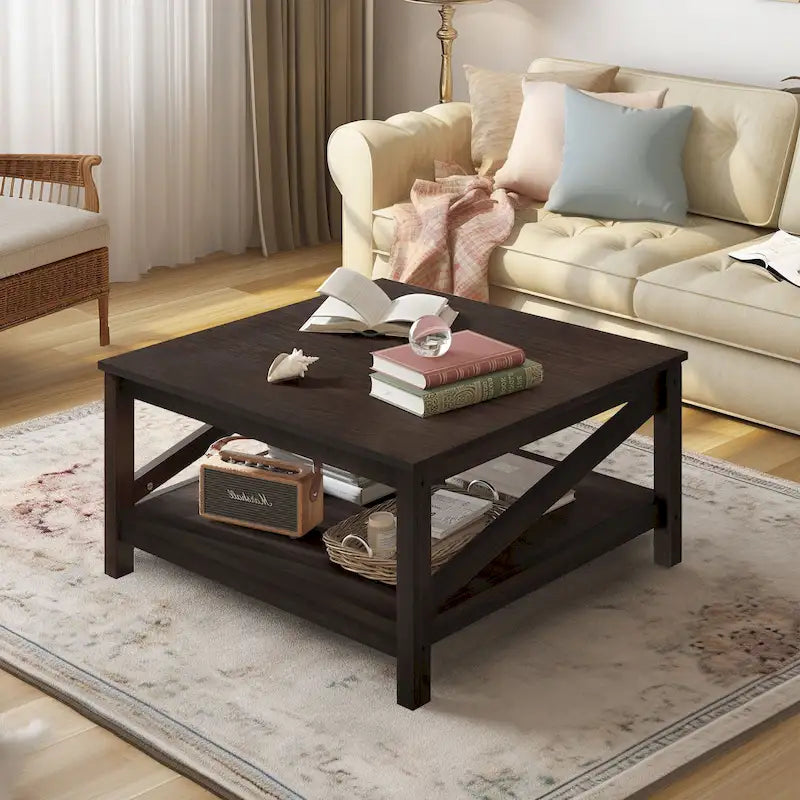 Table basse carrée à double plateau avec étagères, idéale pour le salon
