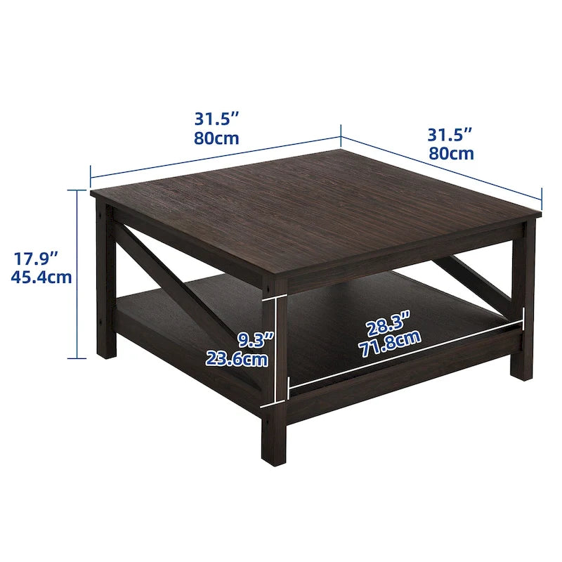 Table basse carrée à double plateau avec étagères, idéale pour le salon