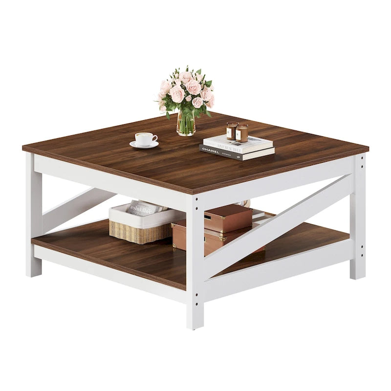 Table basse carrée à double plateau avec étagères, idéale pour le salon