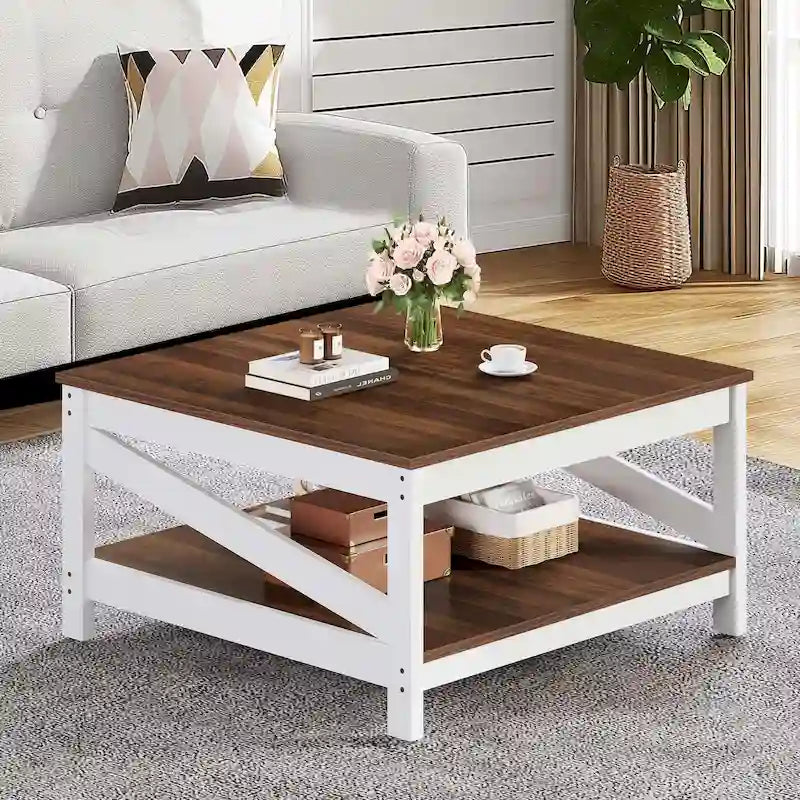 Table basse carrée à double plateau avec étagères, idéale pour le salon