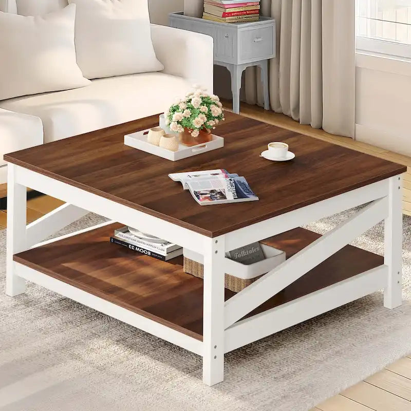 Table basse carrée à double plateau avec étagères, idéale pour le salon