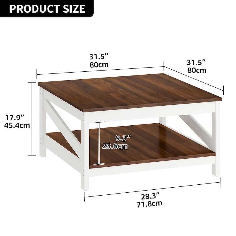 Table basse carrée à double plateau avec étagères, idéale pour le salon