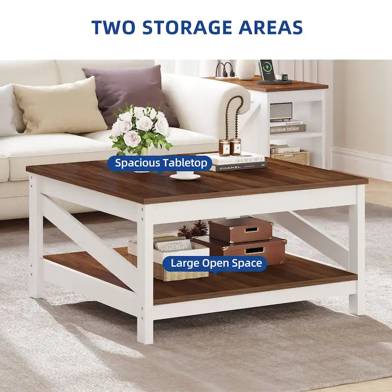 Table basse carrée à double plateau avec étagères, idéale pour le salon