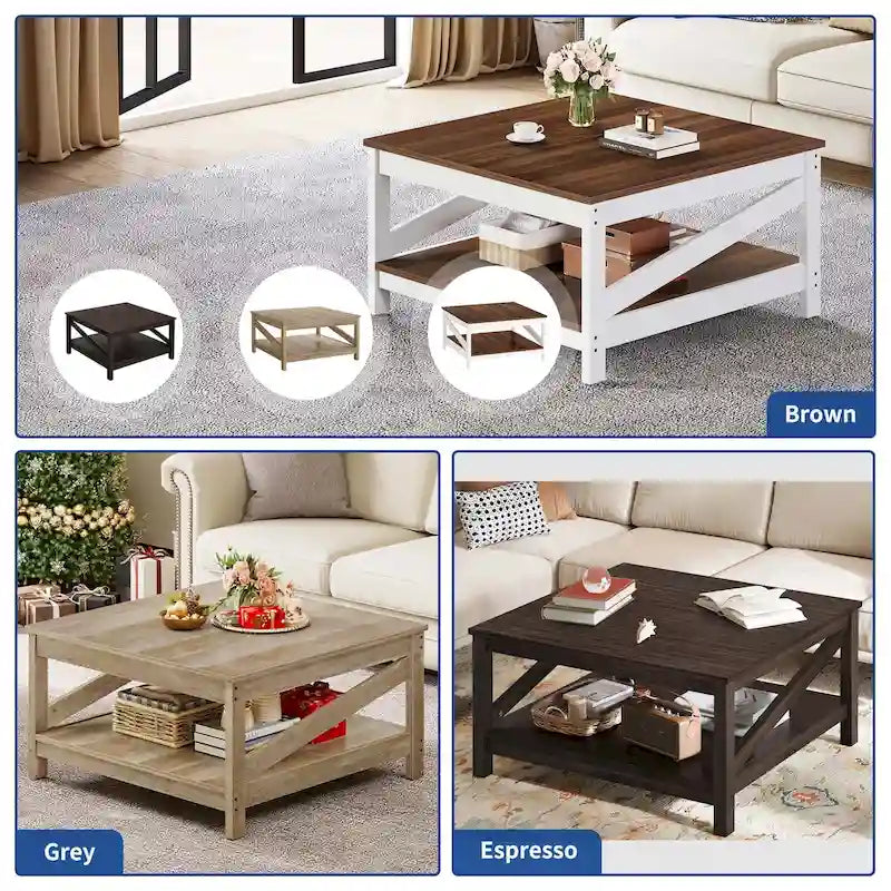 Table basse carrée à double plateau avec étagères, idéale pour le salon
