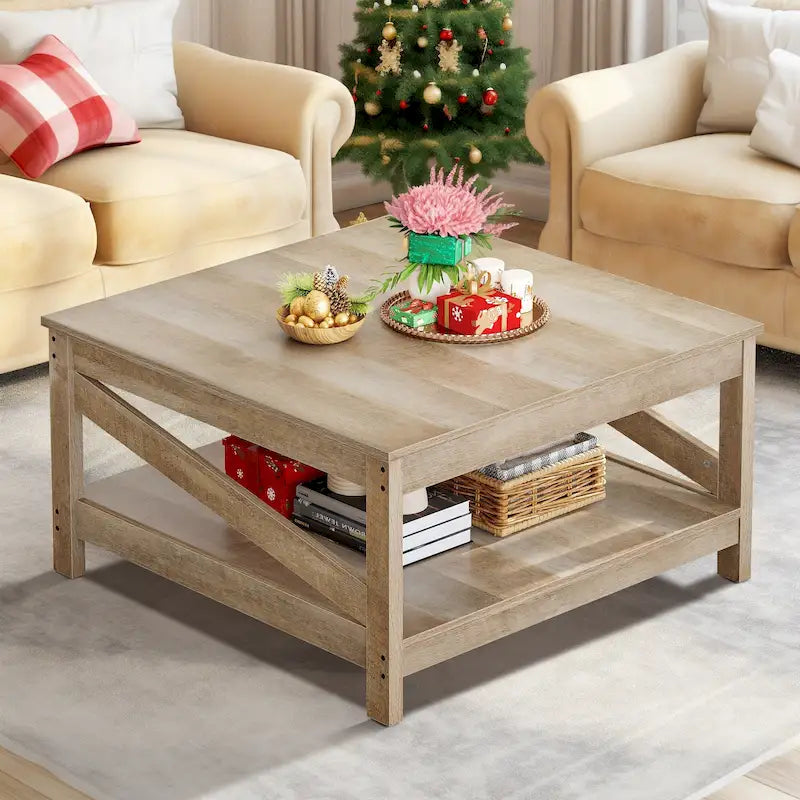 Table basse carrée à double plateau avec étagères, idéale pour le salon