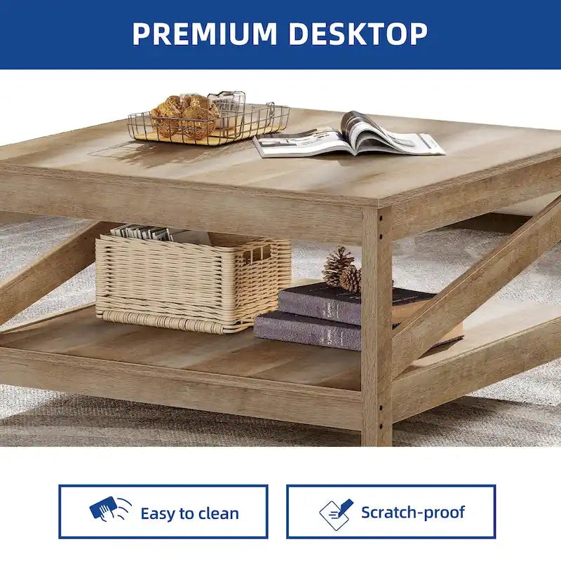 Table basse carrée à double plateau avec étagères, idéale pour le salon