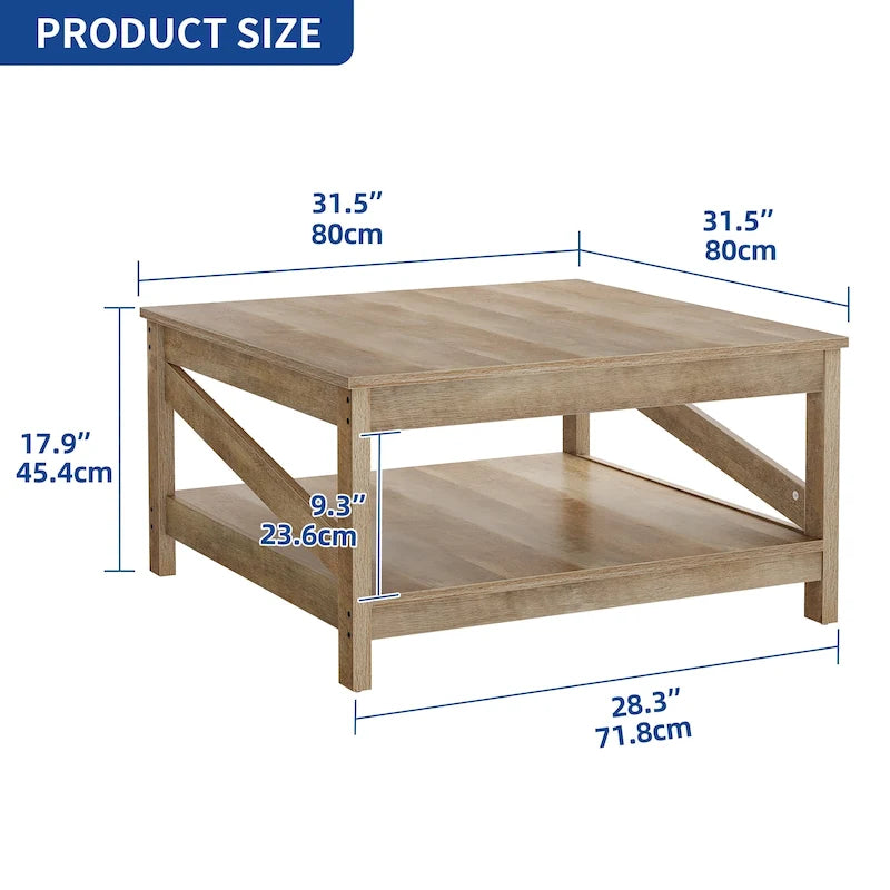 Table basse carrée à double plateau avec étagères, idéale pour le salon