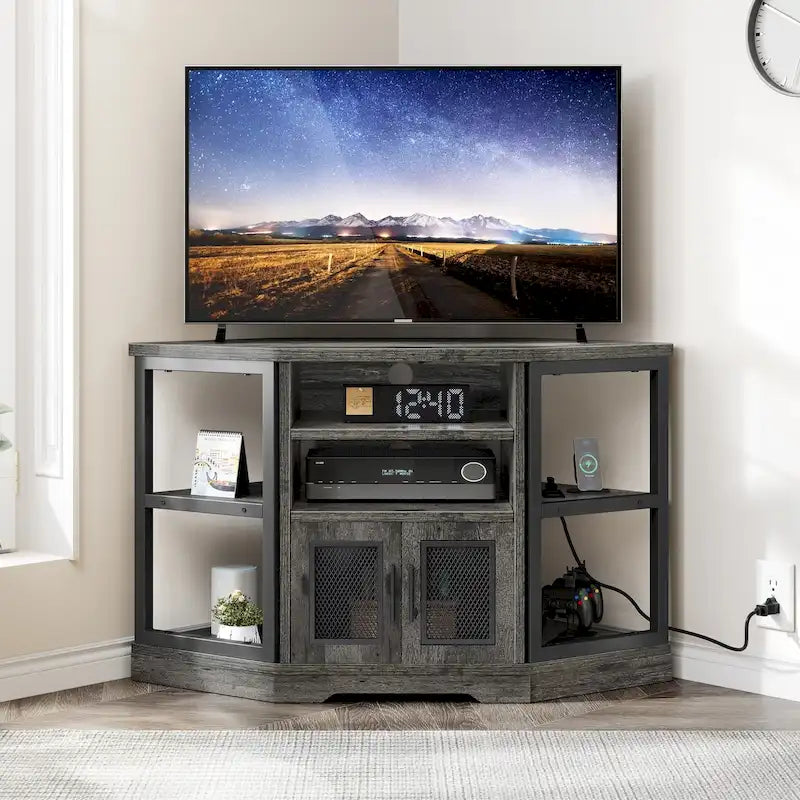 Meuble TV d'angle de style campagnard, centre de divertissement, console de contrôle multimédia