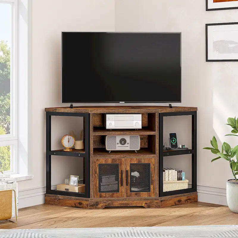 Meuble TV d'angle de style campagnard, centre de divertissement, console de contrôle multimédia