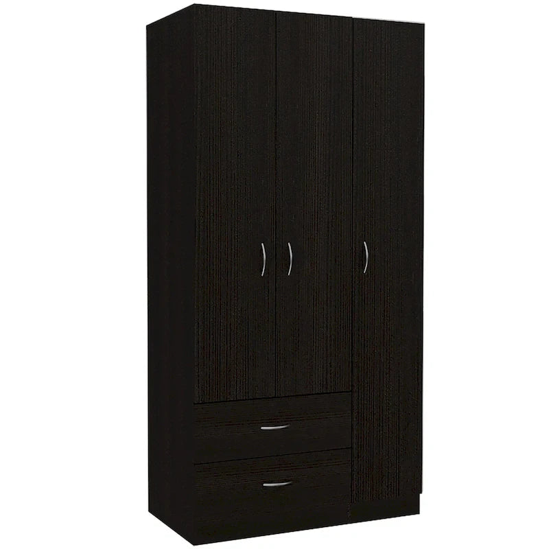 Armoire trois portes avec tiroirs, étagères et penderie