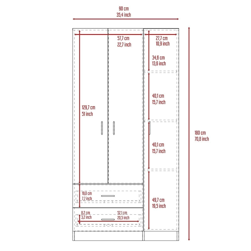 Armoire trois portes avec tiroirs, étagères et penderie