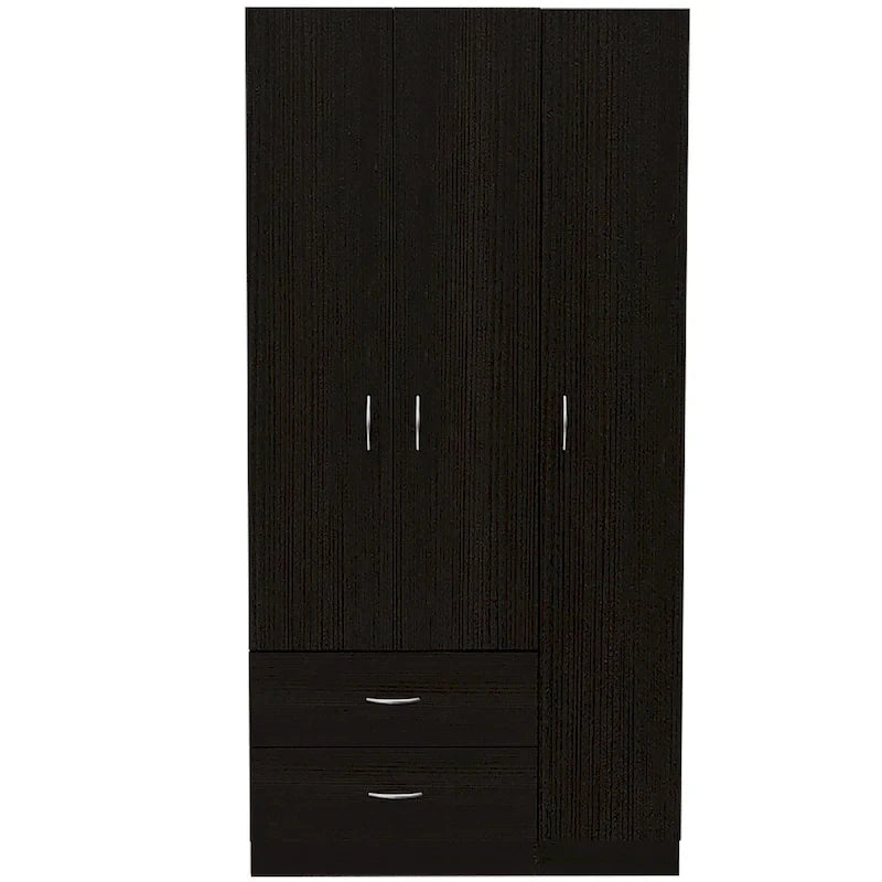 Armoire trois portes avec tiroirs, étagères et penderie