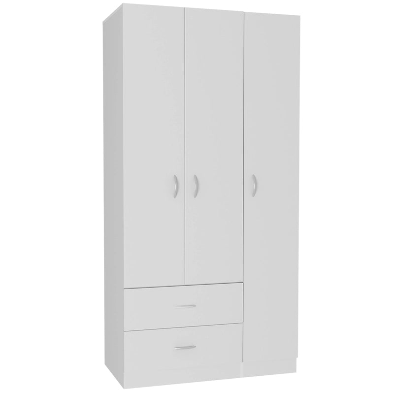 Armoire trois portes avec tiroirs, étagères et penderie