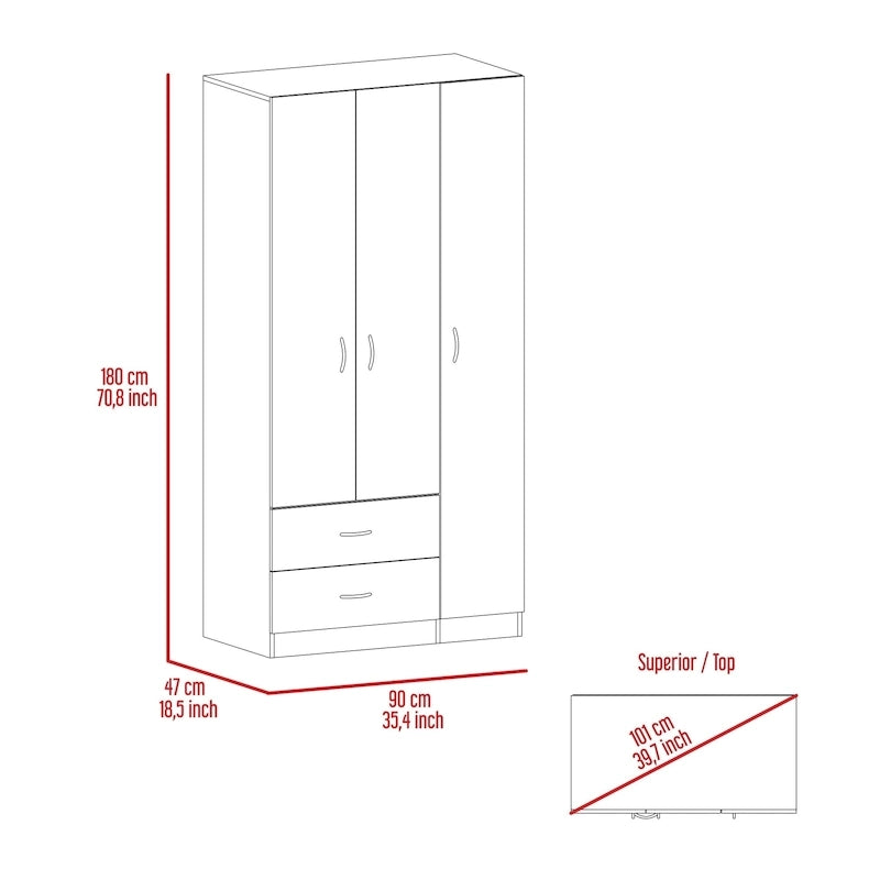 Armoire trois portes avec tiroirs, étagères et penderie