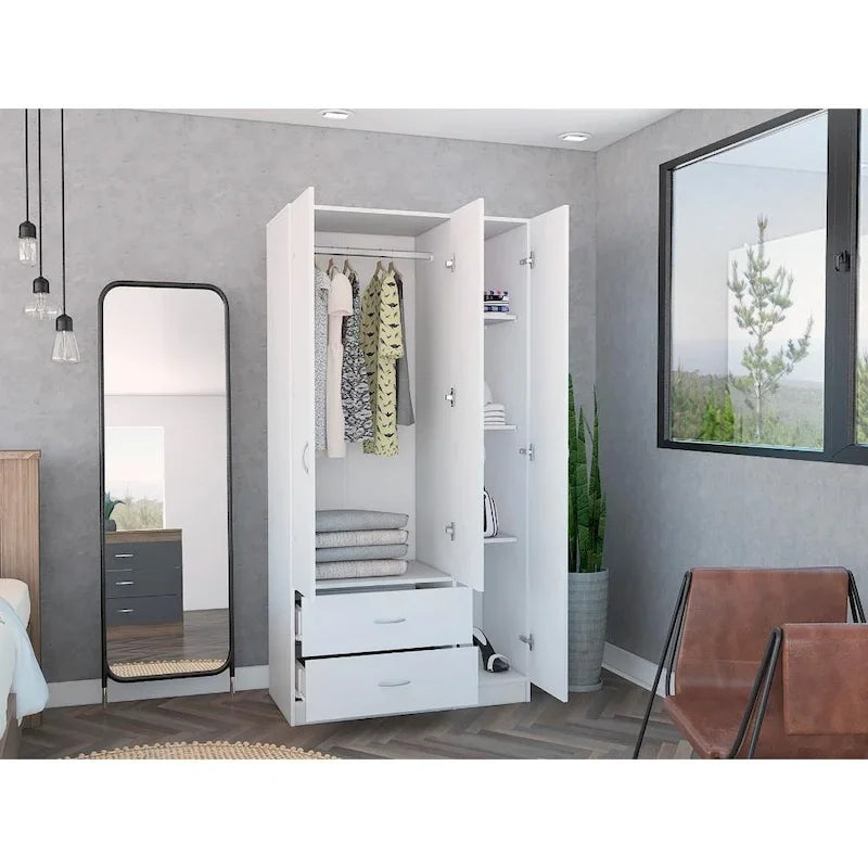 Armoire trois portes avec tiroirs, étagères et penderie