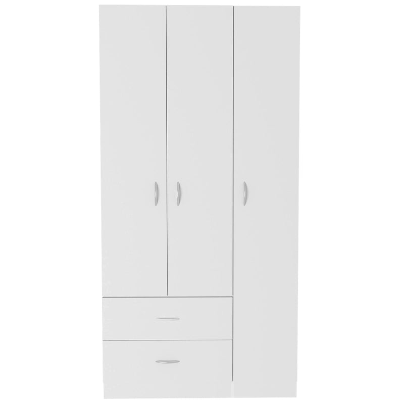 Armoire trois portes avec tiroirs, étagères et penderie