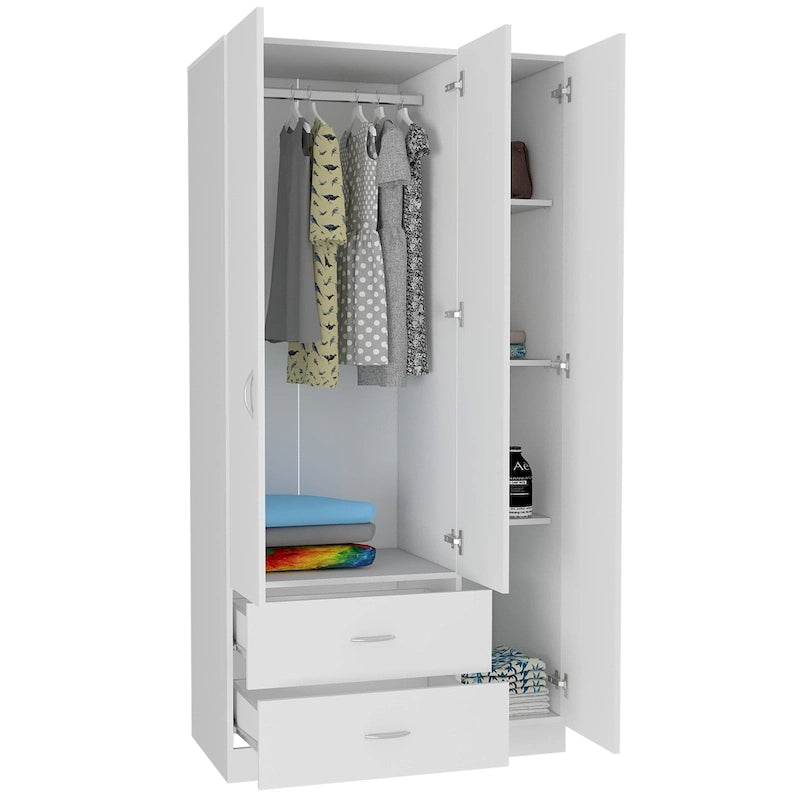 Armoire trois portes avec tiroirs, étagères et penderie