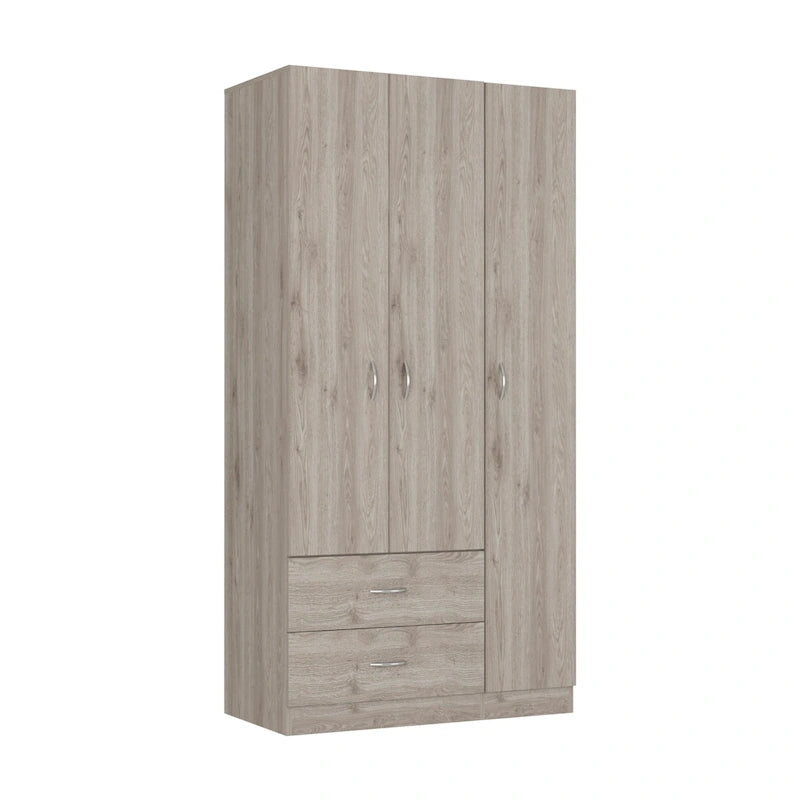 Armoire trois portes avec tiroirs, étagères et penderie