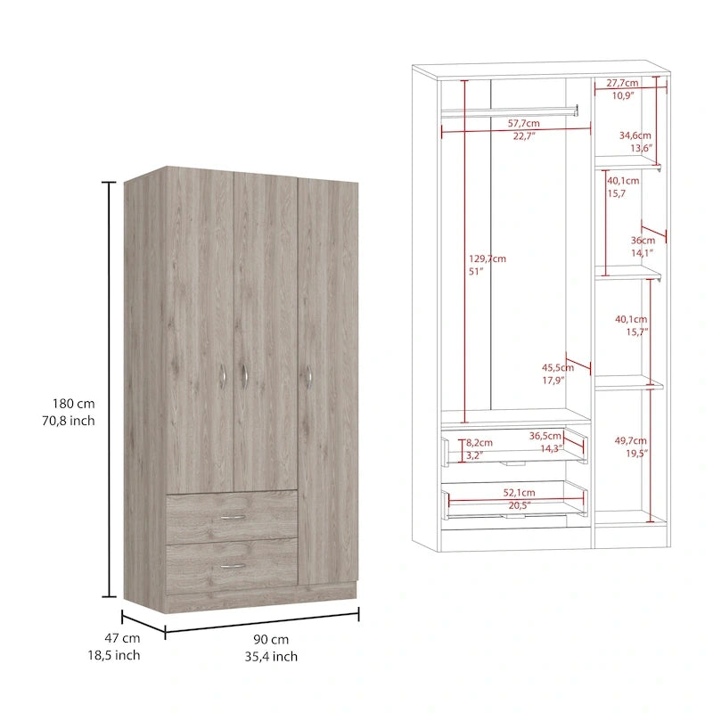 Armoire trois portes avec tiroirs, étagères et penderie