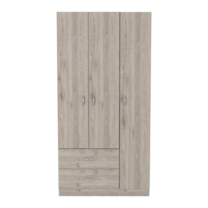 Armoire trois portes avec tiroirs, étagères et penderie