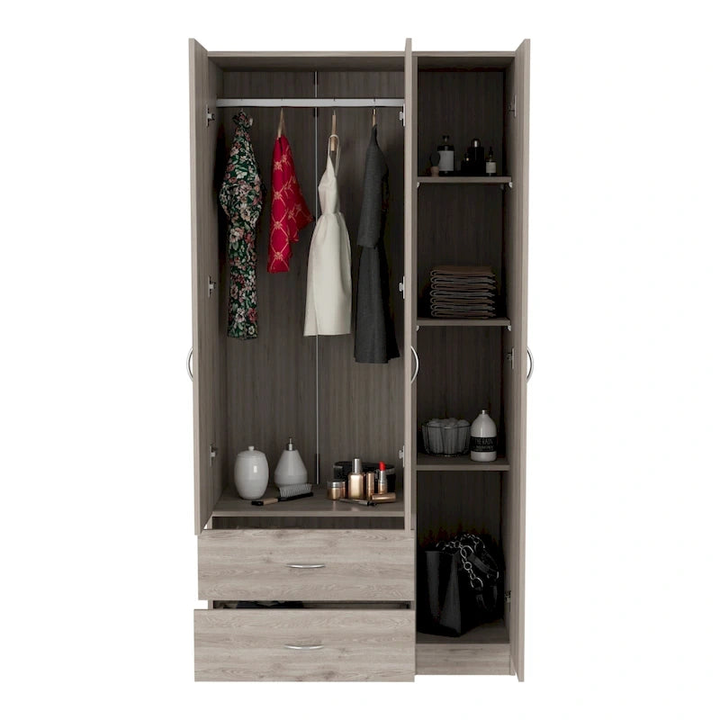 Armoire trois portes avec tiroirs, étagères et penderie