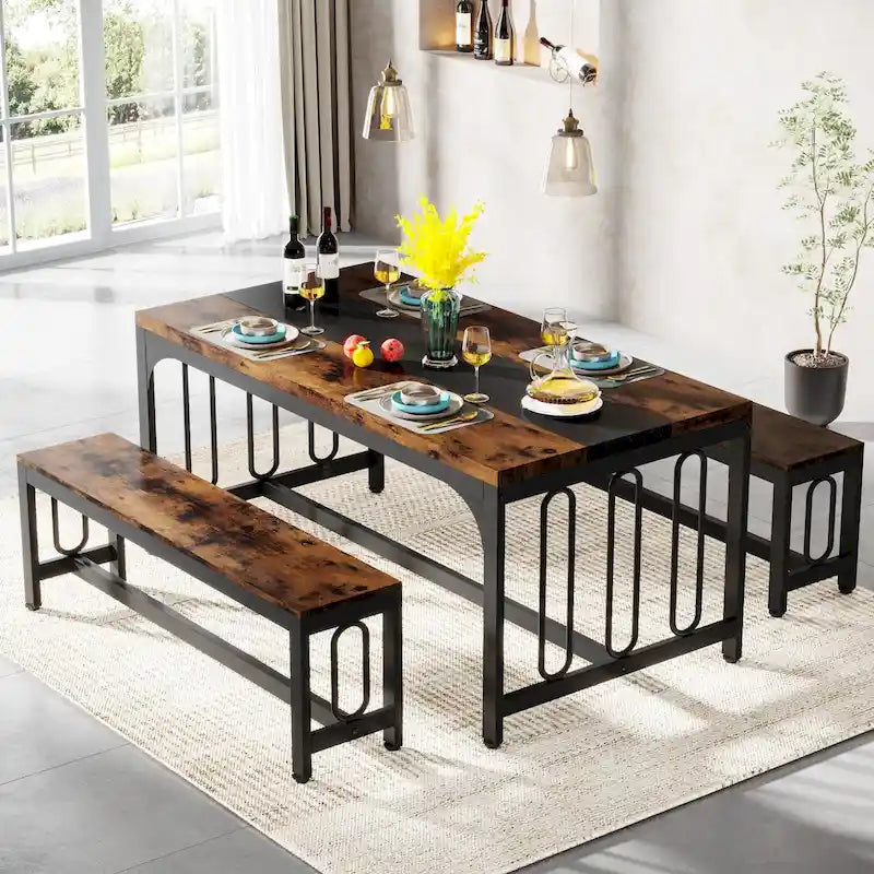 Table de salle à manger de cuisine de 55 pouces avec deux bancs